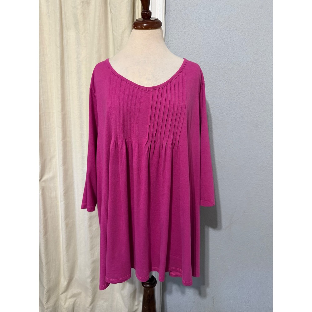 Woman Within Magenta Top 3X Pink Pintuck V-Neck Tunic Top 3/4 Sleeve Plus Cotton